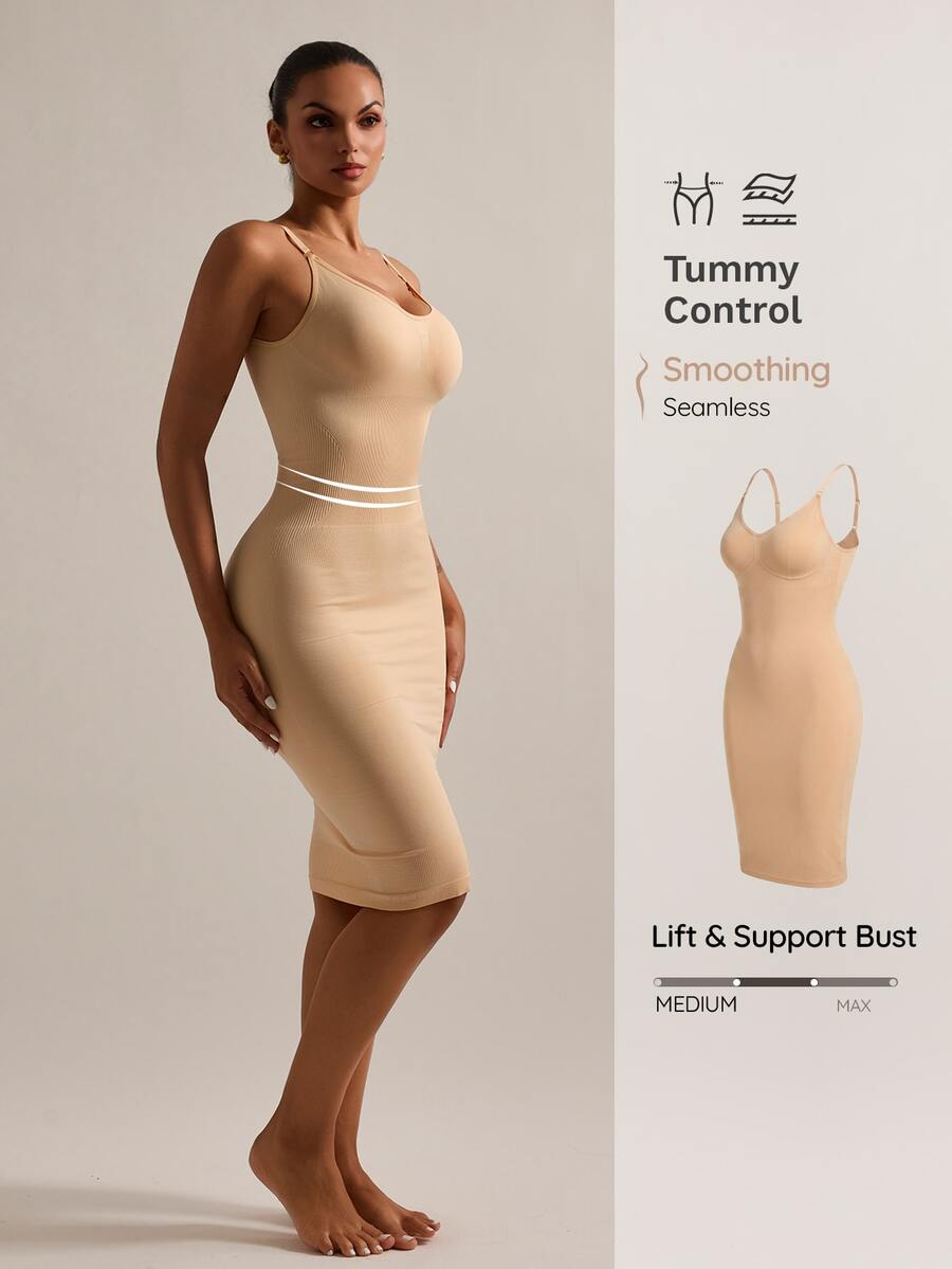 Nuvra Women's Solid Color Round Neck Bodycon Sleeveless Shaping Dress - Beige - View 1