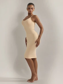 Nuvra Women's Solid Color Round Neck Bodycon Sleeveless Shaping Dress - Beige - View 5