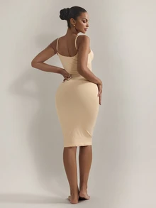 Nuvra Women's Solid Color Round Neck Bodycon Sleeveless Shaping Dress - Beige - View 11