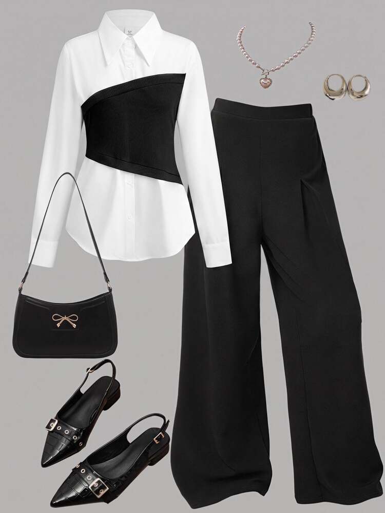 Girlism Teen Girls Shirt Co-Ords 2-Piece Set, Knit Color-Block Lapel 2-In-1 Long Sleeve Pants, Casual Urban Wide Leg Set, Teachers' Day All Black Autumn - Black and White - View 3
