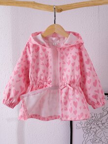 SHEIN 1件粉色愛心印花極簡收腰設計休閒連帽夾克，適合秋冬穿著，完美的校園秋季連帽衫 - 粉色 - 查看 5