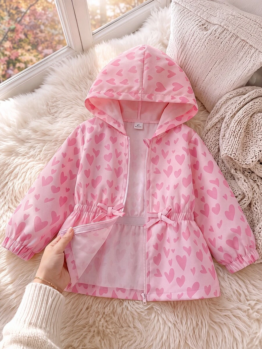 SHEIN 1件粉色愛心印花極簡收腰設計休閒連帽夾克，適合秋冬穿著，完美的校園秋季連帽衫