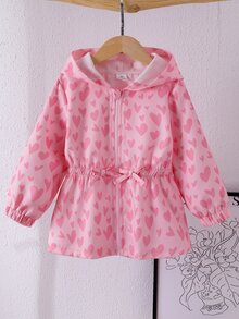 SHEIN 1件粉色愛心印花極簡收腰設計休閒連帽夾克，適合秋冬穿著，完美的校園秋季連帽衫 - 粉色 - 查看 8