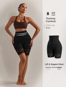 Nuvra Women's High Waisted Black Shapewear Shorts With Lace Detail Comfortable High Stretch Fabric - Black - View 2
