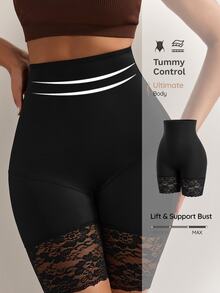 Nuvra Women's High Waisted Black Shapewear Shorts With Lace Detail Comfortable High Stretch Fabric - Black - View 1