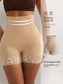 Nuvra 1 Peça Shorts de Cintura Alta Modelador Corporal com Recortes em Renda para Mulheres - Damasco - Visão 1
