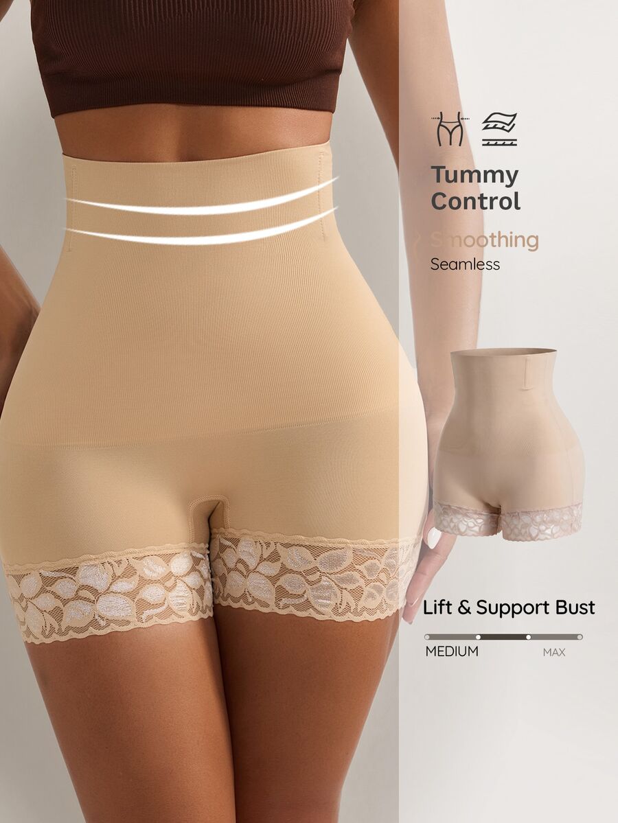 Nuvra 1 Peça Shorts de Cintura Alta Modelador Corporal com Recortes em Renda para Mulheres - Damasco - Visão 1