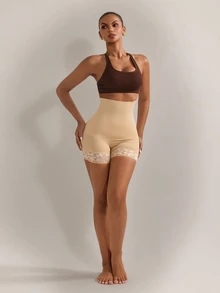 Nuvra 1 Peça Shorts de Cintura Alta Modelador Corporal com Recortes em Renda para Mulheres - Damasco - Visão 4