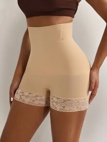 Nuvra 1 Peça Shorts de Cintura Alta Modelador Corporal com Recortes em Renda para Mulheres - Damasco - Visão 5