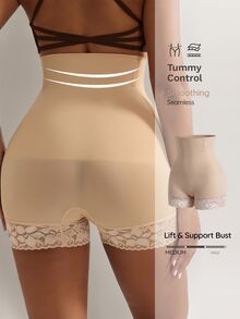 Nuvra 1 Peça Shorts de Cintura Alta Modelador Corporal com Recortes em Renda para Mulheres - Damasco - Visão 3