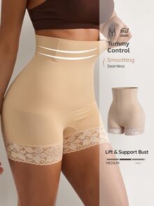 Nuvra 1 Peça Shorts de Cintura Alta Modelador Corporal com Recortes em Renda para Mulheres - Damasco - Visão 2