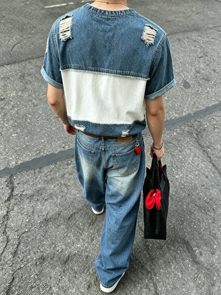 Resyla Men 男士圓領做舊拼接色塊休閒街頭風百搭日常短袖T恤，藍白條紋，適合度假與夏季 - 彩色 - 查看 2