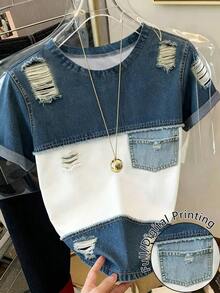 Resyla Men Men's Crew Neck Distressed Color Block Casual Grunge Streetwear Versatile Daily Short-Sleeve T-Shirt Vacation Holiday Blue And White Striped Summer - Multicolor - View 3