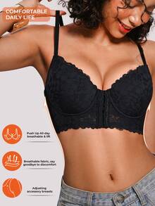 Bareli Dear Women's Sexy Lace Underwire Bra, Push-Up Front Closure Bra For Small Chest, 1pc - Black - View 4