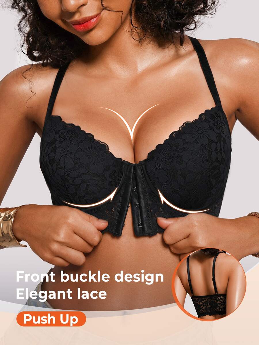 Bareli Dear Women's Sexy Lace Underwire Bra, Push-Up Front Closure Bra For Small Chest, 1pc - Black - View 1
