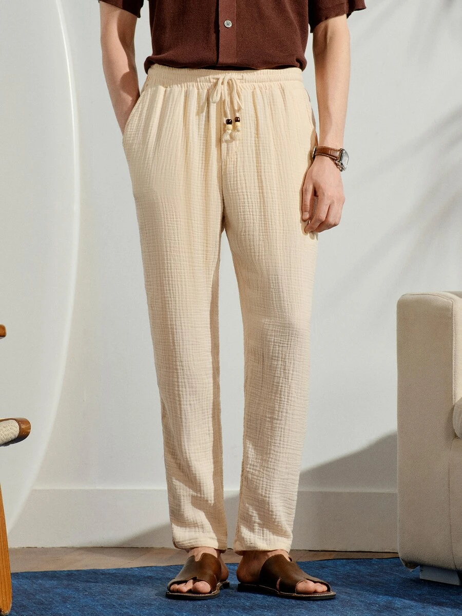VeloEdit Solid Color Drawstring Woven Casual Pants, For Fall Old Money - Apricot - View 1