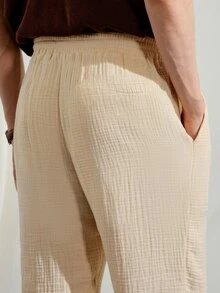 VeloEdit Solid Color Drawstring Woven Casual Pants, For Fall Old Money - Apricot - View 7