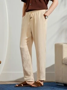 VeloEdit Solid Color Drawstring Woven Casual Pants, For Fall Old Money - Apricot - View 5