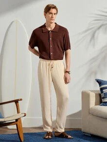 VeloEdit Solid Color Drawstring Woven Casual Pants, For Fall Old Money - Apricot - View 2
