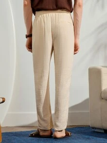 VeloEdit Solid Color Drawstring Woven Casual Pants, For Fall Old Money - Apricot - View 3