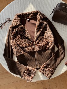 Comfortcana Women's Autumn Leopard Print Patchwork Waist-Cinching Regular Jacket - Brown - View 6