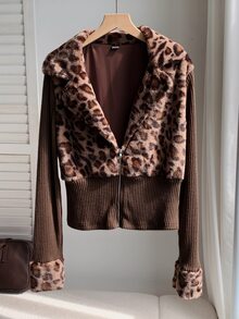 Comfortcana Women's Autumn Leopard Print Patchwork Waist-Cinching Regular Jacket - Brown - View 3