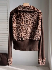 Comfortcana Women's Autumn Leopard Print Patchwork Waist-Cinching Regular Jacket - Brown - View 2