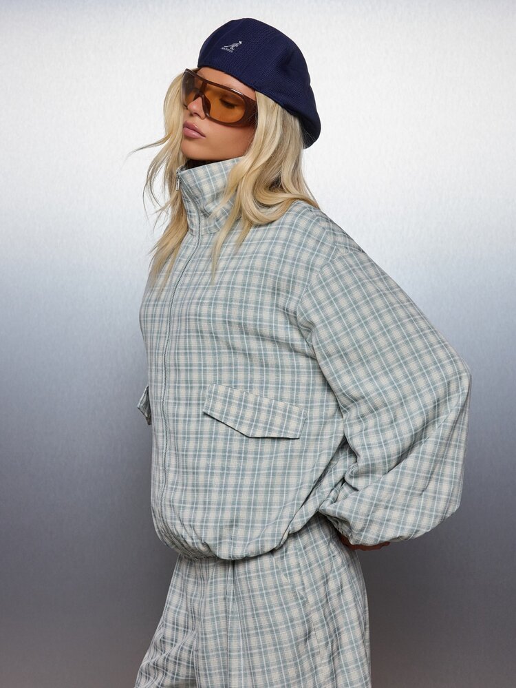 MISSGUIDED Plaid Co-Ord Set Oversized Full-Zip Track Top And Wide Leg Bermuda Shorts Two-Piece Matching Outfit Fall Winter - Multicolor - View 5