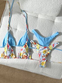 Swim Vcay 4件套棕榈树图案泳衣套装，纯色挂脖式，优雅女士沙滩度假泳装 - 彩色 - 查看 5