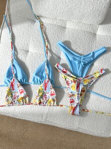 Swim Vcay 4件套棕榈树图案泳衣套装，纯色挂脖式，优雅女士沙滩度假泳装 - 彩色 - 查看 2
