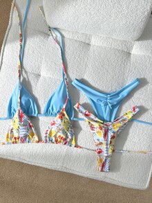 Swim Vcay 4件套棕榈树图案泳衣套装，纯色挂脖式，优雅女士沙滩度假泳装 - 彩色 - 查看 3