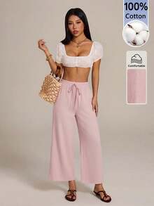 SHEIN PETITE 女款休閒棉麻混紡九分褲，卡其色，適合返校季、教師穿著 - 粉色 - 查看 8