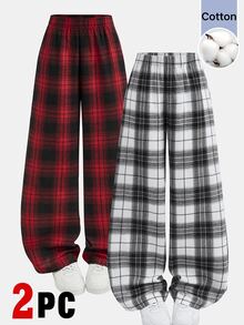 SHEIN Girlism 青少年女孩 2件裝休閒校園秋季梭織紅黑格紋直筒寬鬆長褲，日常穿著，運動褲，返校季 - 彩色 - 查看 1