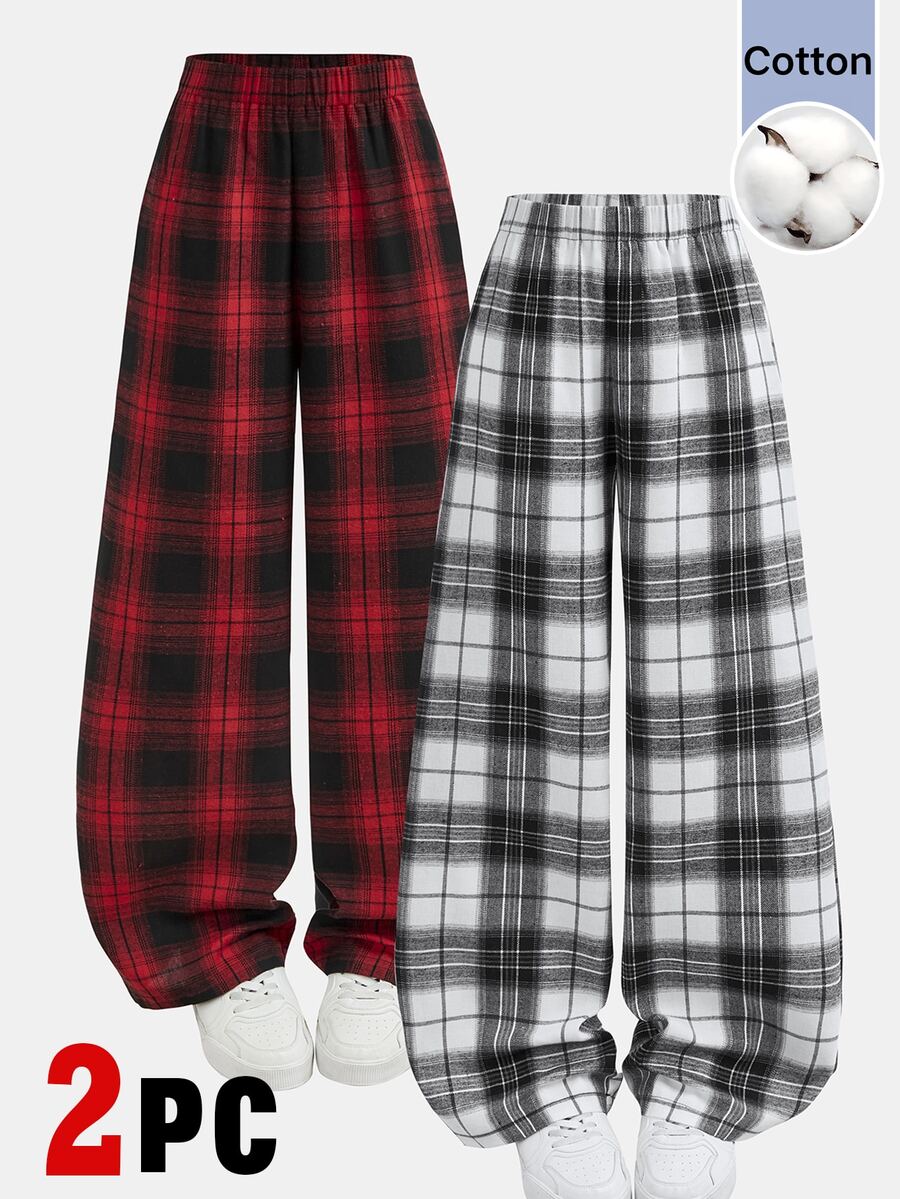 SHEIN Girlism 青少年女孩 2件裝休閒校園秋季梭織紅黑格紋直筒寬鬆長褲,日常穿著,運動褲,返校季 - 彩色 - 查看 1