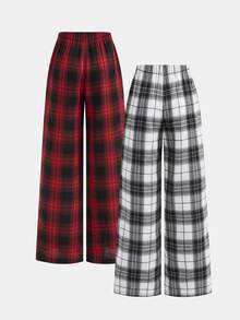 SHEIN Girlism 青少年女孩 2件裝休閒校園秋季梭織紅黑格紋直筒寬鬆長褲，日常穿著，運動褲，返校季 - 彩色 - 查看 2