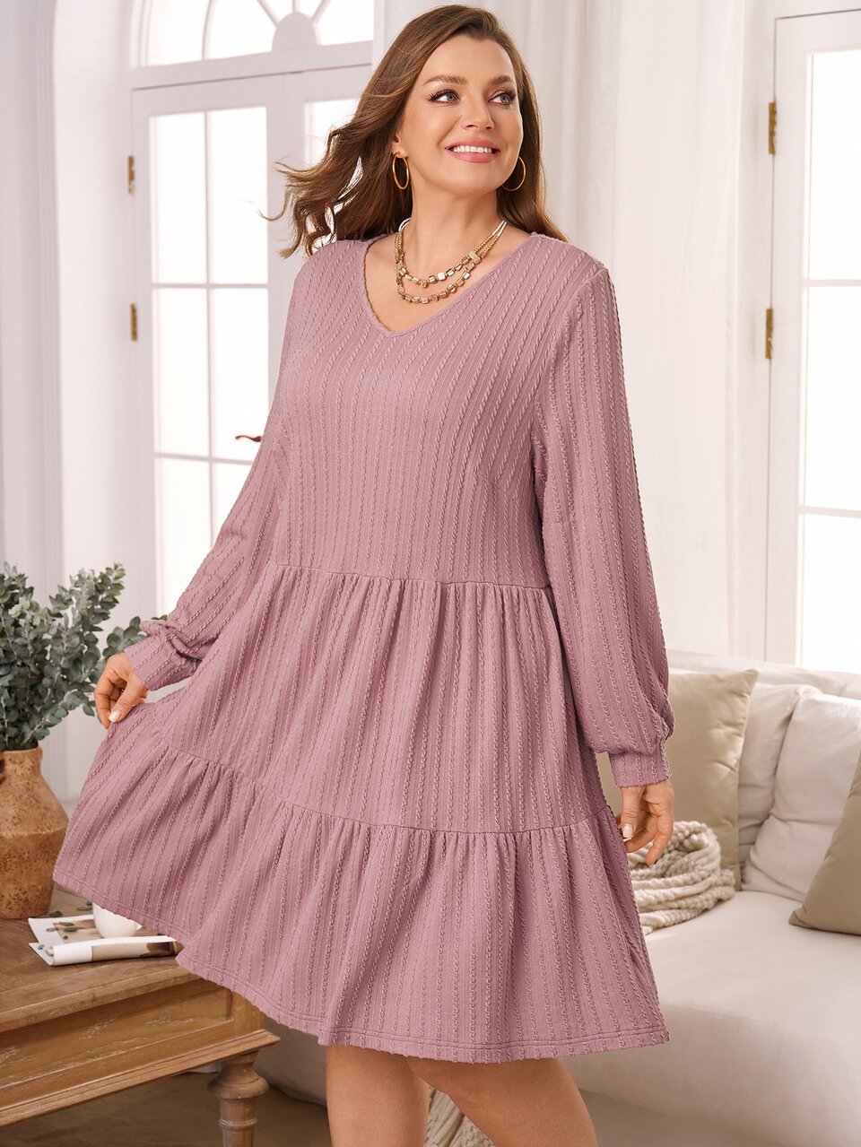 Women's Plus Size V-Neck Long Sleeve Dress Fall Clothes Winter Dusty Pink Casual Knitted Autumn/Winter Brunch Formal
