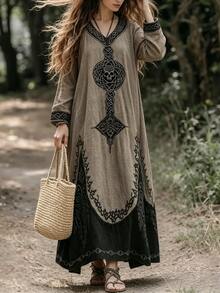 LanaWest Vintage Khaki Distressed Washed Textured Faux Linen V-Neck Mesh Hollow Neck Skull Celtic Totem Heavy Print Raw Edge Contrast Color Double Layer Patchwork Loose Asymmetrical Hem Mori Style Vacation Dress - Multicolor - View 5
