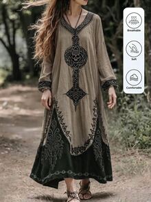 LanaWest Vintage Khaki Distressed Washed Textured Faux Linen V-Neck Mesh Hollow Neck Skull Celtic Totem Heavy Print Raw Edge Contrast Color Double Layer Patchwork Loose Asymmetrical Hem Mori Style Vacation Dress - Multicolor - View 3