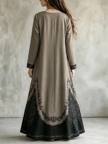 LanaWest Vintage Khaki Distressed Washed Textured Faux Linen V-Neck Mesh Hollow Neck Skull Celtic Totem Heavy Print Raw Edge Contrast Color Double Layer Patchwork Loose Asymmetrical Hem Mori Style Vacation Dress - Multicolor - View 2