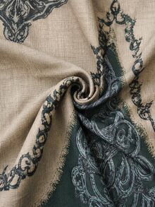 LanaWest Vintage Khaki Distressed Washed Textured Faux Linen V-Neck Mesh Hollow Neck Skull Celtic Totem Heavy Print Raw Edge Contrast Color Double Layer Patchwork Loose Asymmetrical Hem Mori Style Vacation Dress - Multicolor - View 4