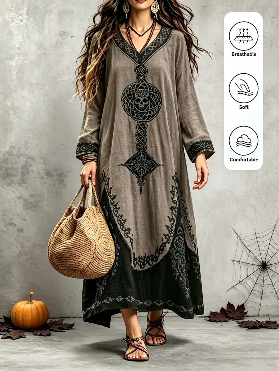 LanaWest Vintage Khaki Distressed Washed Textured Faux Linen V-Neck Mesh Hollow Neck Skull Celtic Totem Heavy Print Raw Edge Contrast Color Double Layer Patchwork Loose Asymmetrical Hem Mori Style Vacation Dress - Multicolor - View 1