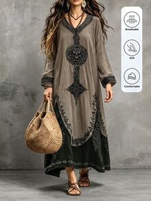 LanaWest Vintage Khaki Distressed Washed Textured Faux Linen V-Neck Mesh Hollow Neck Skull Celtic Totem Heavy Print Raw Edge Contrast Color Double Layer Patchwork Loose Asymmetrical Hem Mori Style Vacation Dress - Multicolor - View 6