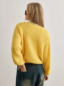 Pariaura Women's Light Yellow Knitted V-Neck Sweater Brunch Autumn Retro Casual - Yellow - View 4
