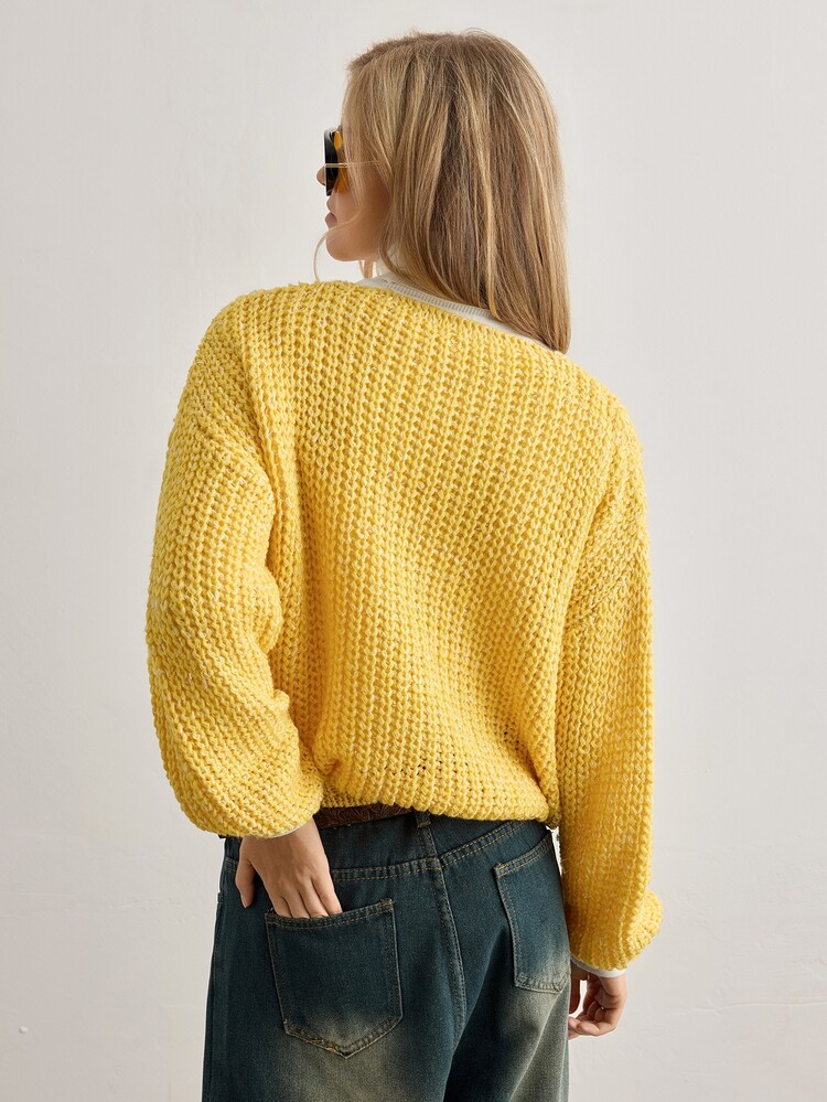 SHEIN Women's Yellow Knitted V-Neck Sweater - Yellow - View 2