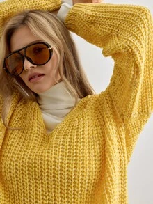 Pariaura Women's Light Yellow Knitted V-Neck Sweater Brunch Autumn Retro Casual - Yellow - View 5