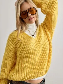 Pariaura Women's Light Yellow Knitted V-Neck Sweater Brunch Autumn Retro Casual - Yellow - View 7