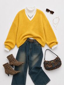 Pariaura Women's Light Yellow Knitted V-Neck Sweater Brunch Autumn Retro Casual - Yellow - View 12