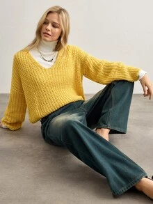 Pariaura Women's Light Yellow Knitted V-Neck Sweater Brunch Autumn Retro Casual - Yellow - View 8