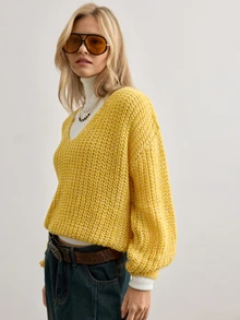 Pariaura Women's Light Yellow Knitted V-Neck Sweater Brunch Autumn Retro Casual - Yellow - View 10