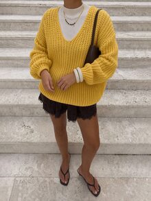 Pariaura Women's Light Yellow Knitted V-Neck Sweater Brunch Autumn Retro Casual - Yellow - View 11